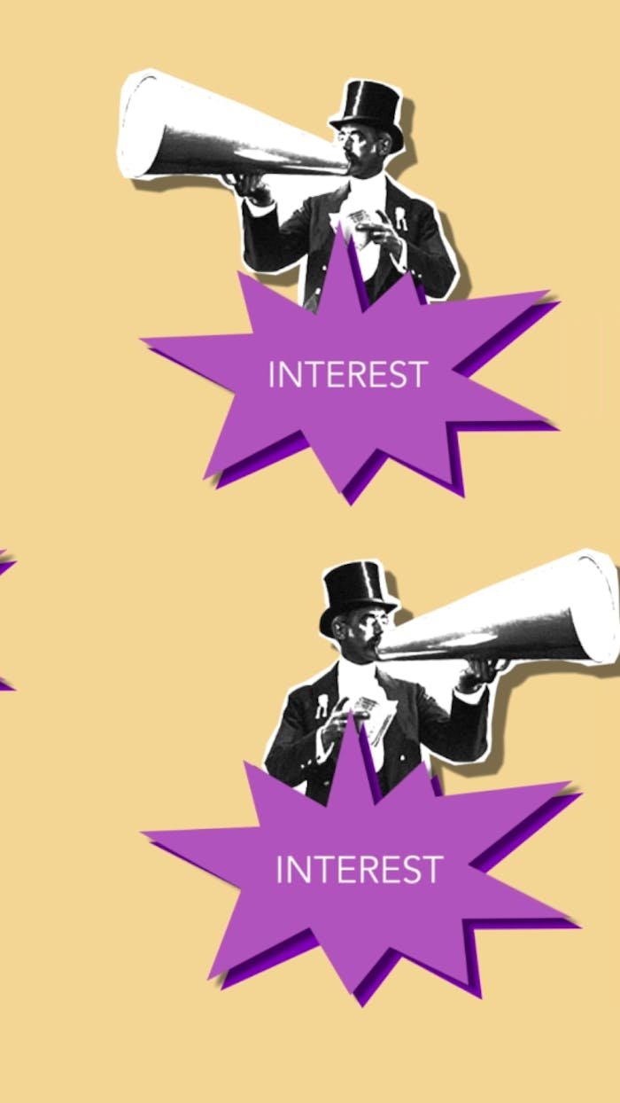 Cutout paper composition of man arousing interest speaking loudly into loudspeaker against white background